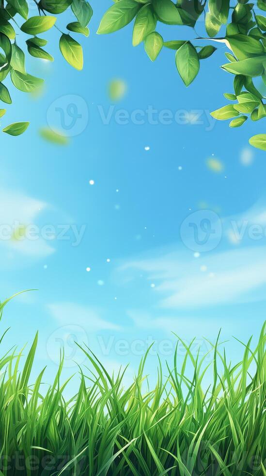 Bright and serene blue sky with vibrant green grass and leaves under a gentle breeze photo