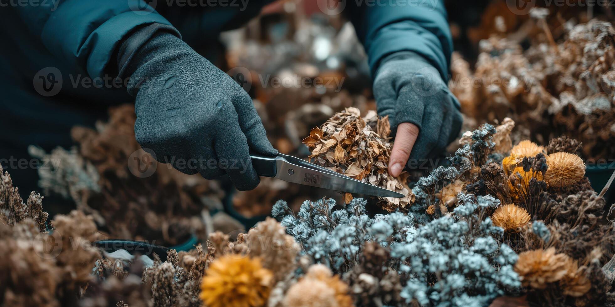 Hands trimming dried flowers in a garden setting during the afternoon light photo