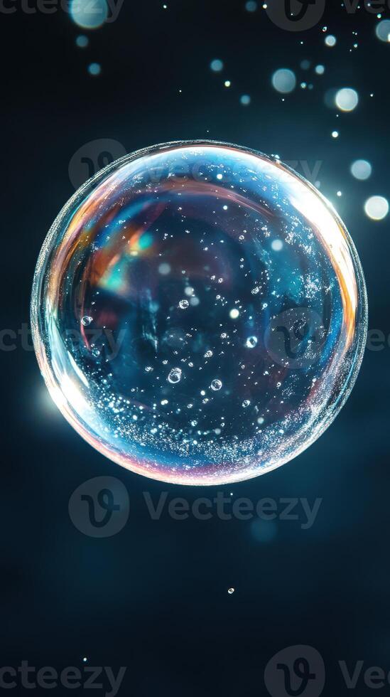 Clear soap bubble floating gracefully in a dark background with shimmering reflections and sparkling light photo