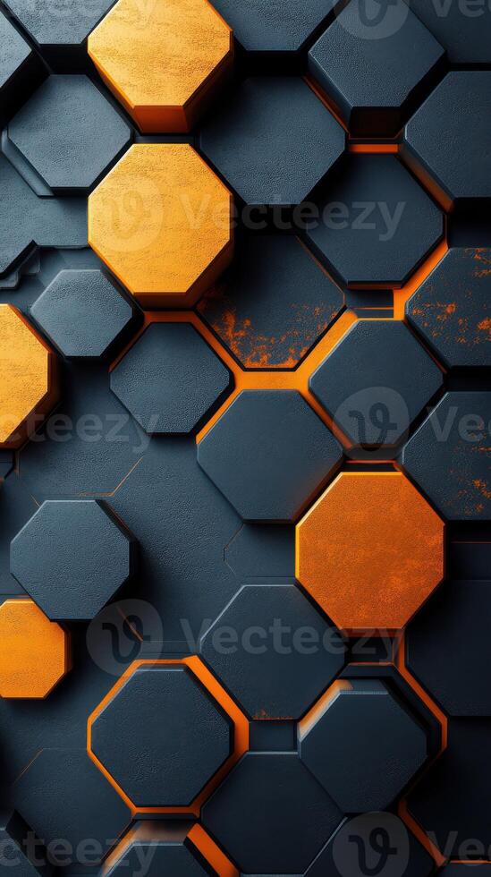 Bold geometric pattern featuring interlocking hexagons in shades of orange and dark gray contrasting against each other photo