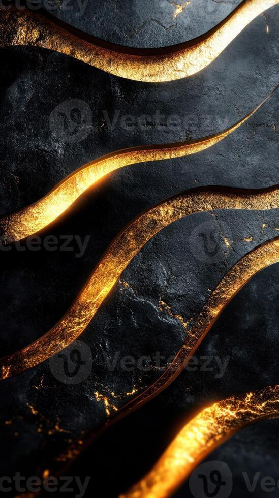 Dark textured surface with flowing golden lines creating an abstract artistic effect photo