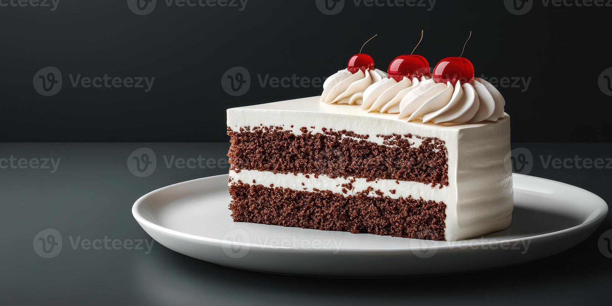 Delicious chocolate cake with whipped cream and cherries presented on a sleek plate photo