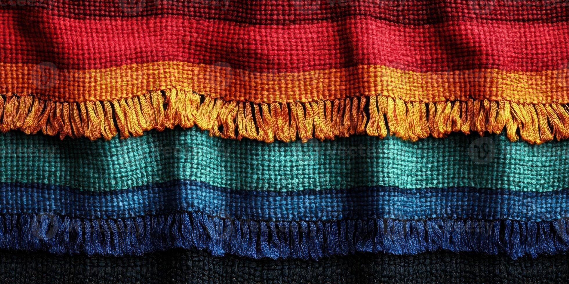 Colorful woven textiles with vibrant patterns displayed in a market setting photo
