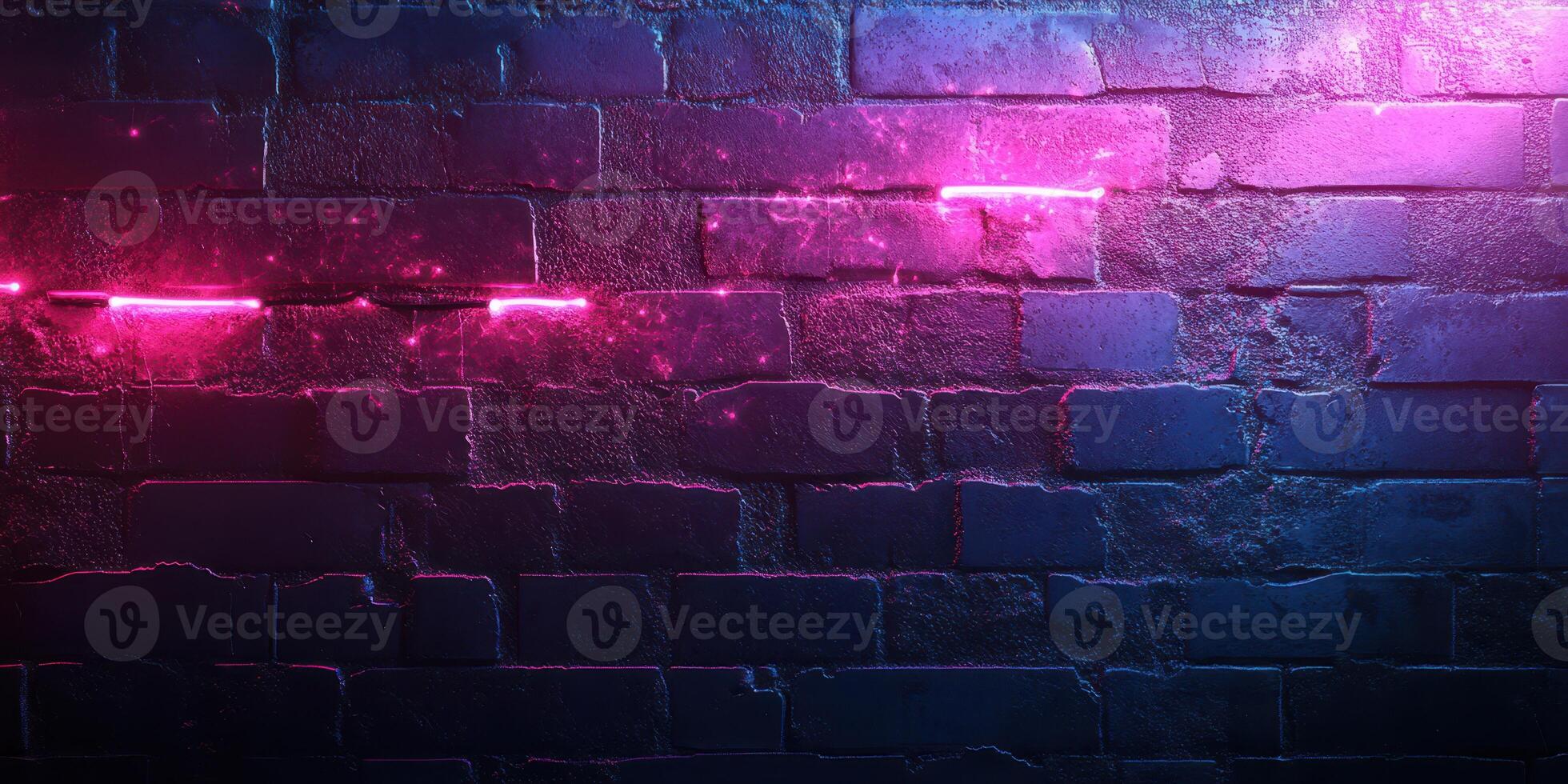 Vibrant neon lights illuminate a textured brick wall in an urban setting during the evening hours photo