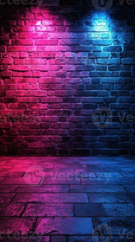 Vibrant brick wall illuminated by colorful lights in an urban setting at night, creating a striking visual backdrop photo