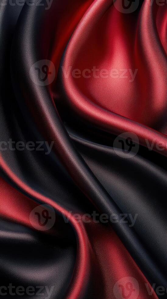 Elegant red and black silk fabric drapes showcasing smooth textures and rich colors in soft lighting photo