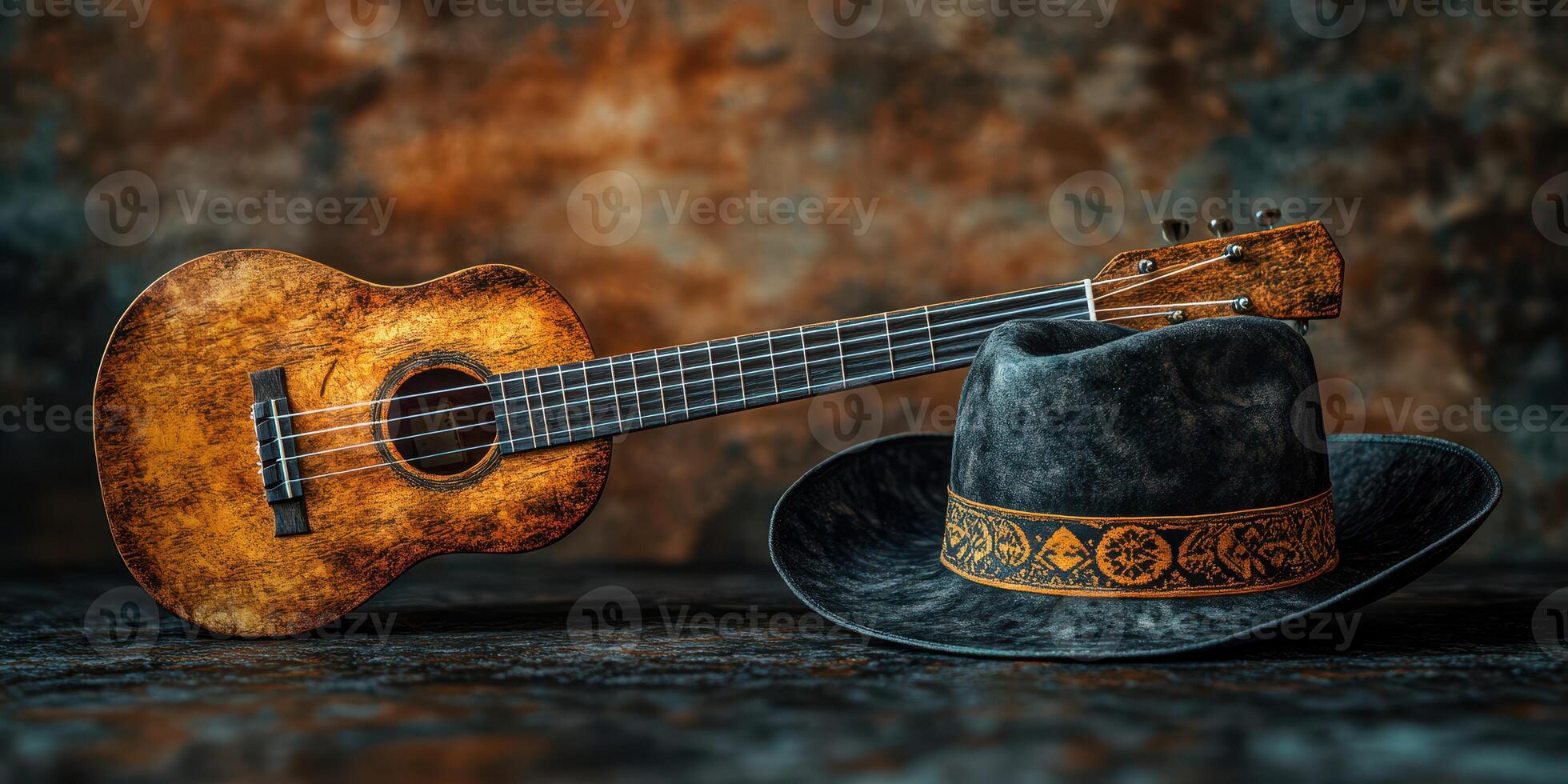 Rustic ukulele and cowboy hat displayed together on a textured backdrop showcasing craftsmanship and charm photo