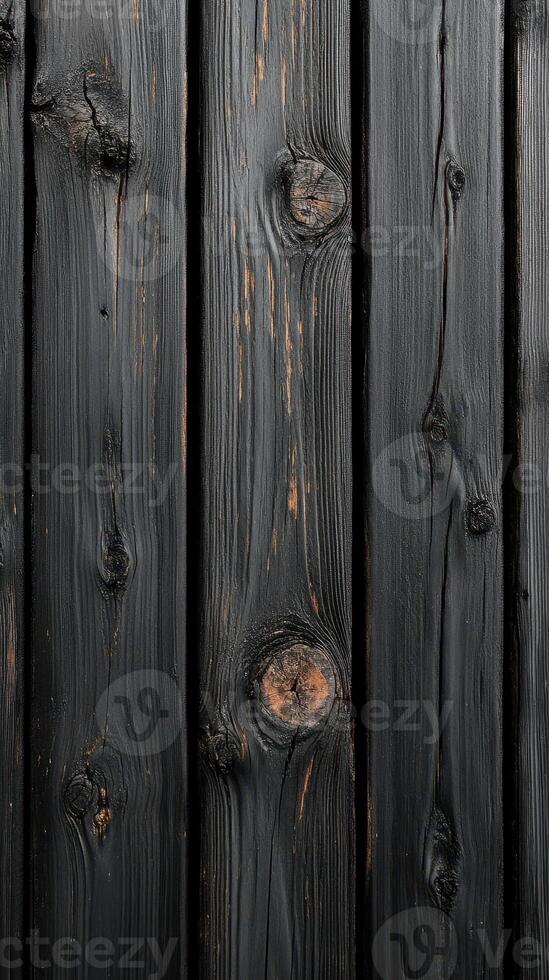 Dark wooden planks create a striking texture in a rustic setting with natural grain patterns and knots photo