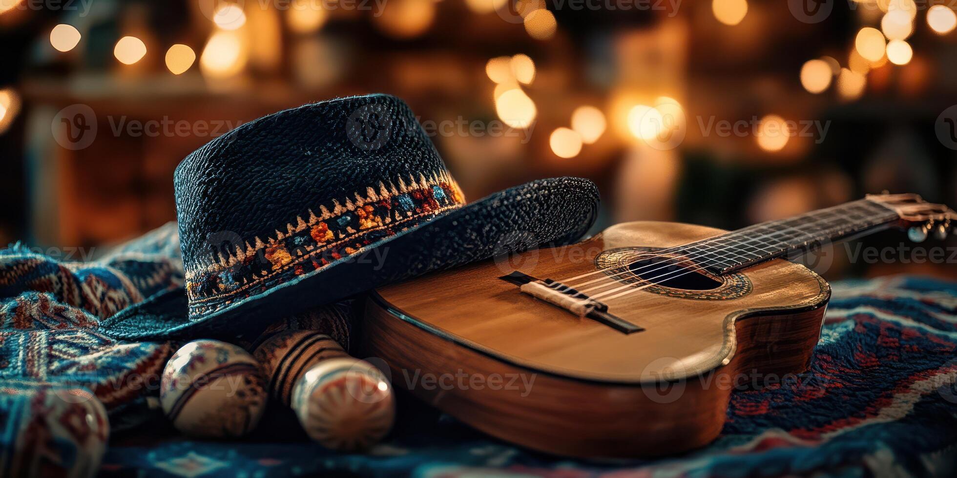 Musical elements are displayed with a guitar, hat, and maracas set against a warm, inviting backdrop photo