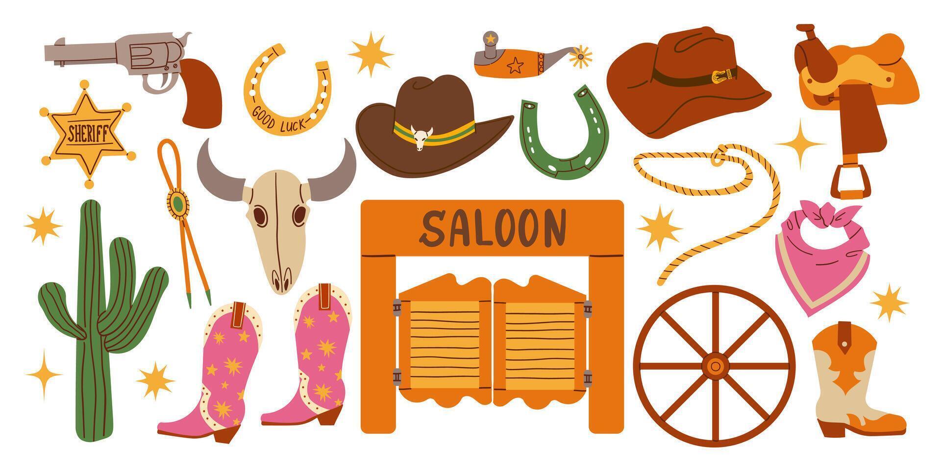 Set of wild west elements. clip arts of wild west cowboy. Collection of isolated Texas and Arizona elements. vector