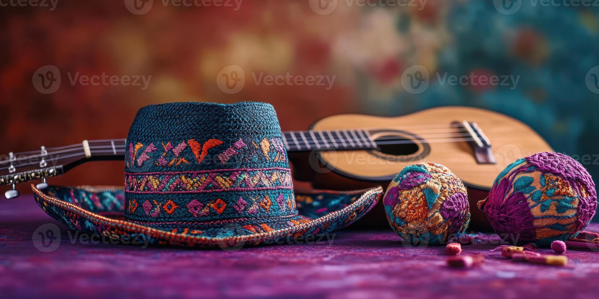 Colorful traditional hat and musical instruments create a vibrant atmosphere at a culture festival photo
