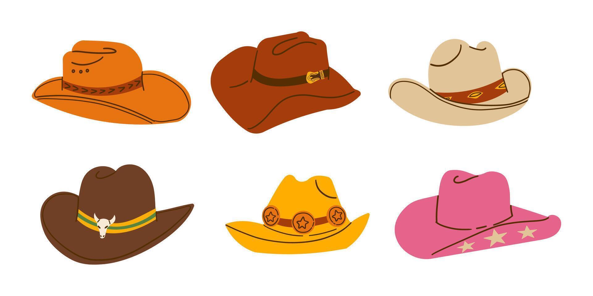 Cowboy Hats set in Various Styles and Colors isolated on white background. Illustration. Cartoon elements for western, cowboy, country, fashion-themed projects, poster and character design. vector