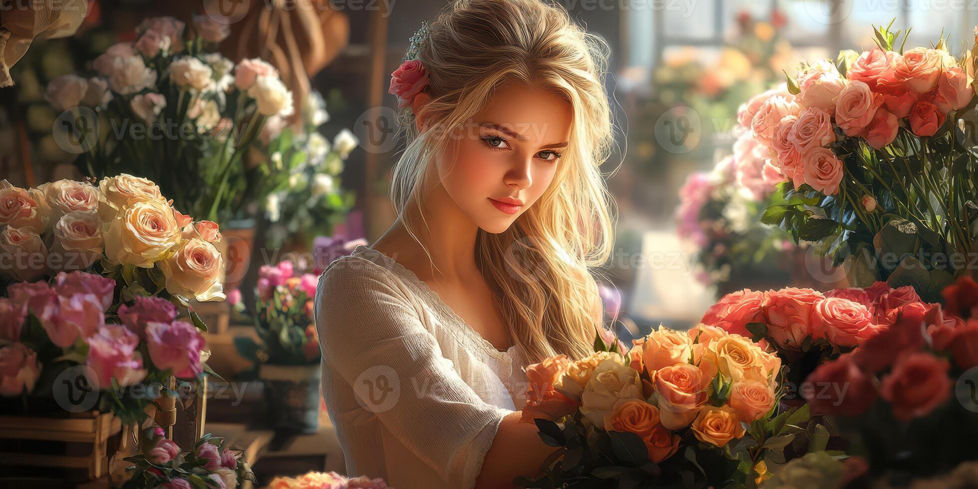 Young woman arranging colorful roses in a flower shop during daylight hours photo
