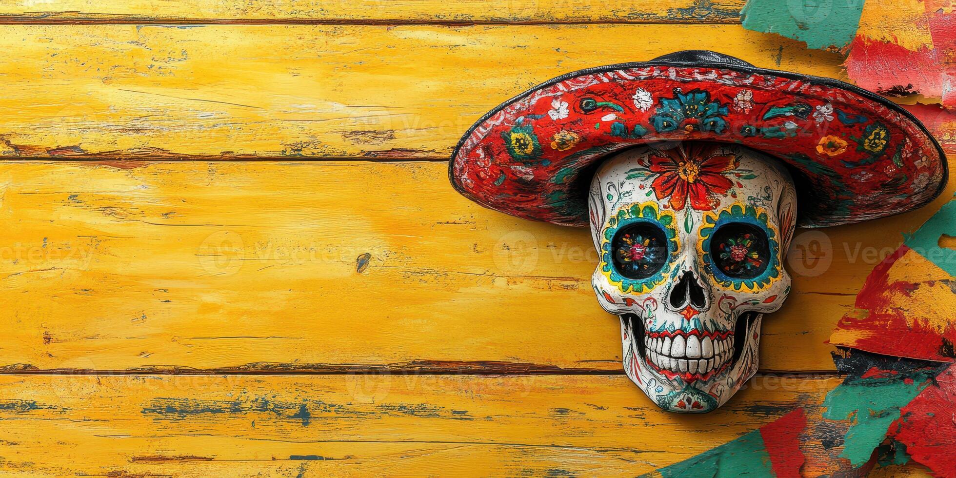 Colorful sugar skull with sombrero against bright wooden background during Day of the Dead celebration photo