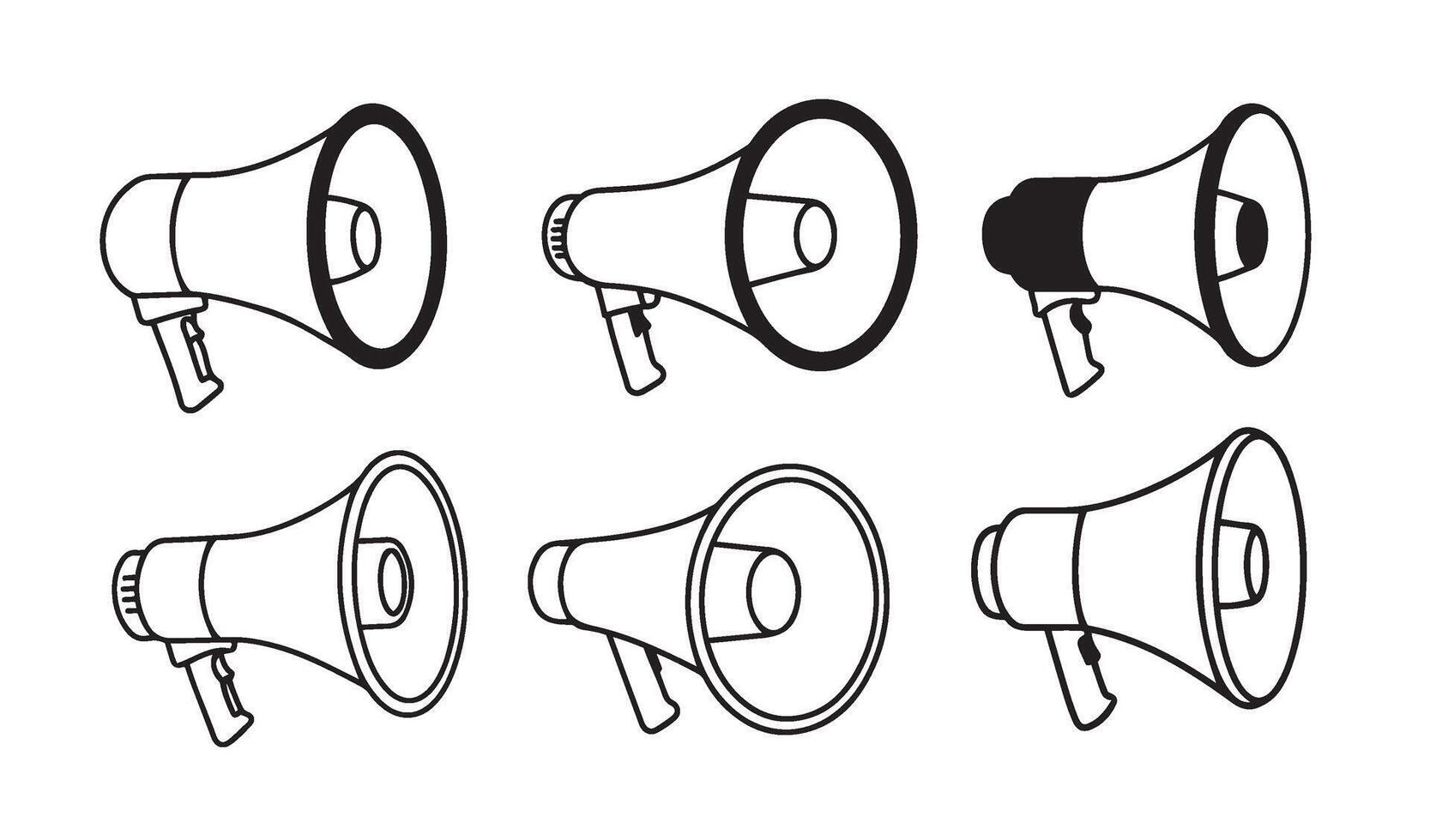 High-Quality Megaphone Sound Audio Speaker Icon Set Featuring a Comprehensive Collection of Line Art Drawings of Retro and Modern Loudspeakers for Digital and Print Use vector