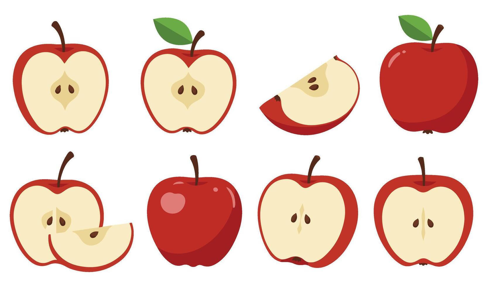 Dynamic Apple Cut Sliced Set Icon with Artistic Apple Illustrations in Blue Yellow and Red Great for School Learning Materials and Fun Fruit-Themed Designs vector