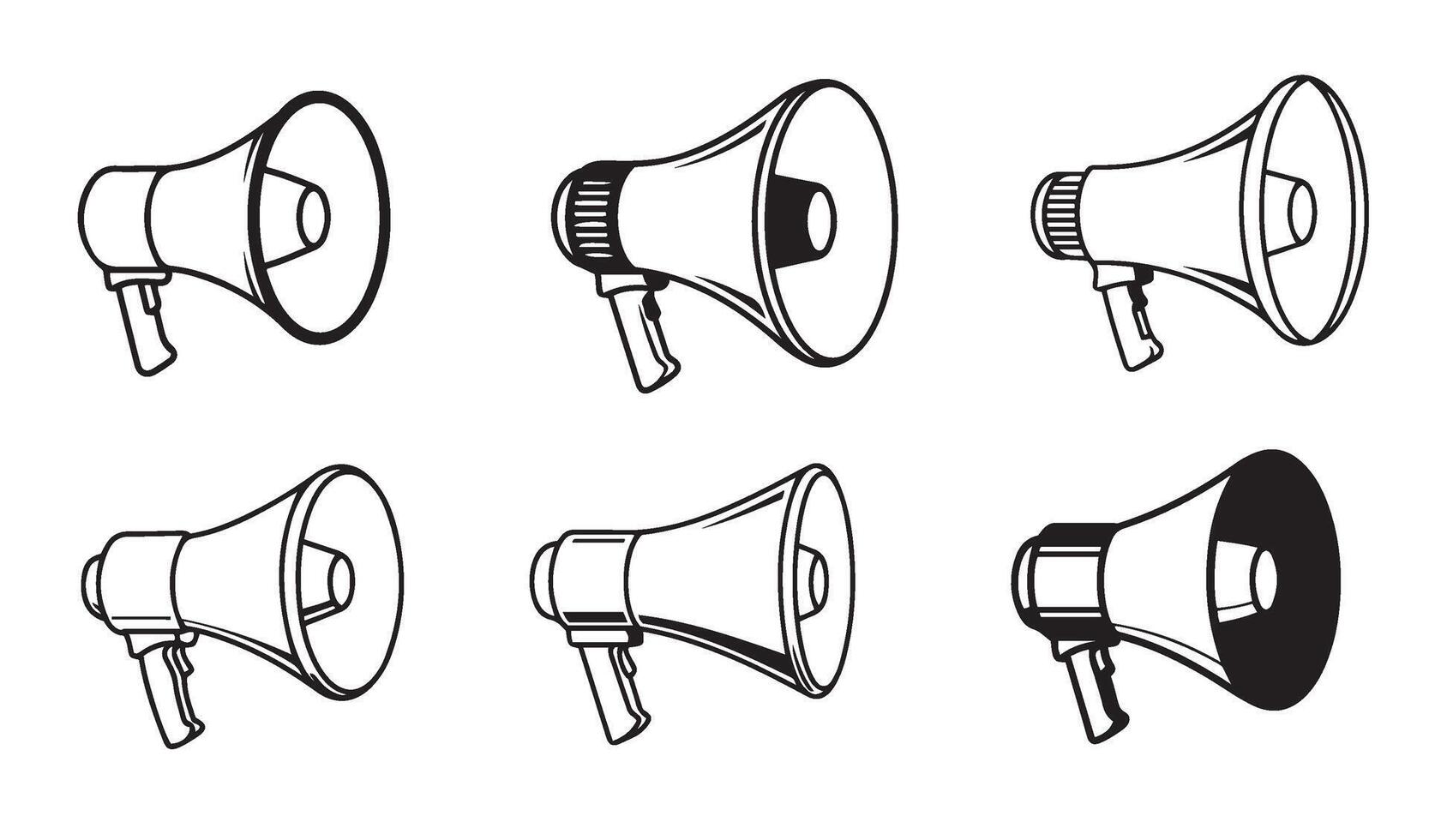 Megaphone Sound Audio Speaker Icon Set Featuring a Variety of Loudspeaker and Public Address System Designs in Line Art Style Perfect for Communication and Announcement Graphics vector