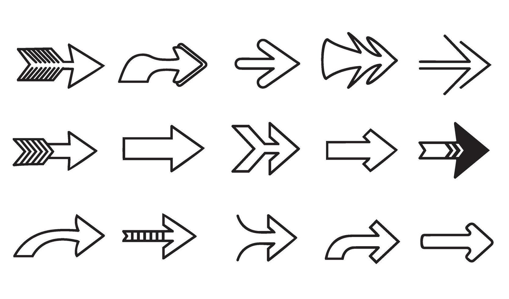 Unique Dynamic Collection of Hand-Drawn Arrow Set Silhouette Showcasing a Variety of Artistic Arrow Styles for Creative Illustration Projects vector
