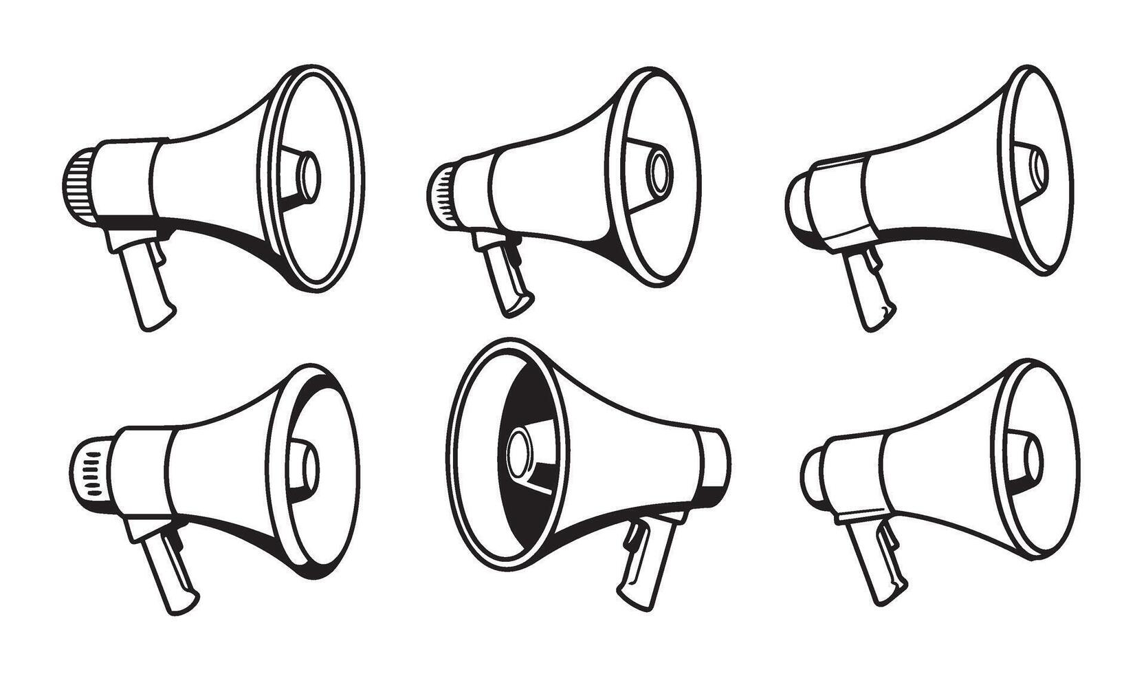 Professional Megaphone Sound Audio Speaker Icon Set Including Handheld Loudspeakers and Public Address System Symbols in a Unique Sketch Style for Vectors Illustration Projects