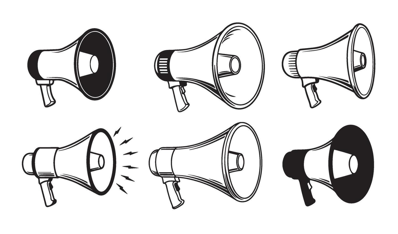 Retro and Contemporary Megaphone Sound Audio Speaker Icon Set with Outline Drawings of Loudspeakers Microphones and Communication Devices Ideal for Marketing and Media Designs vector