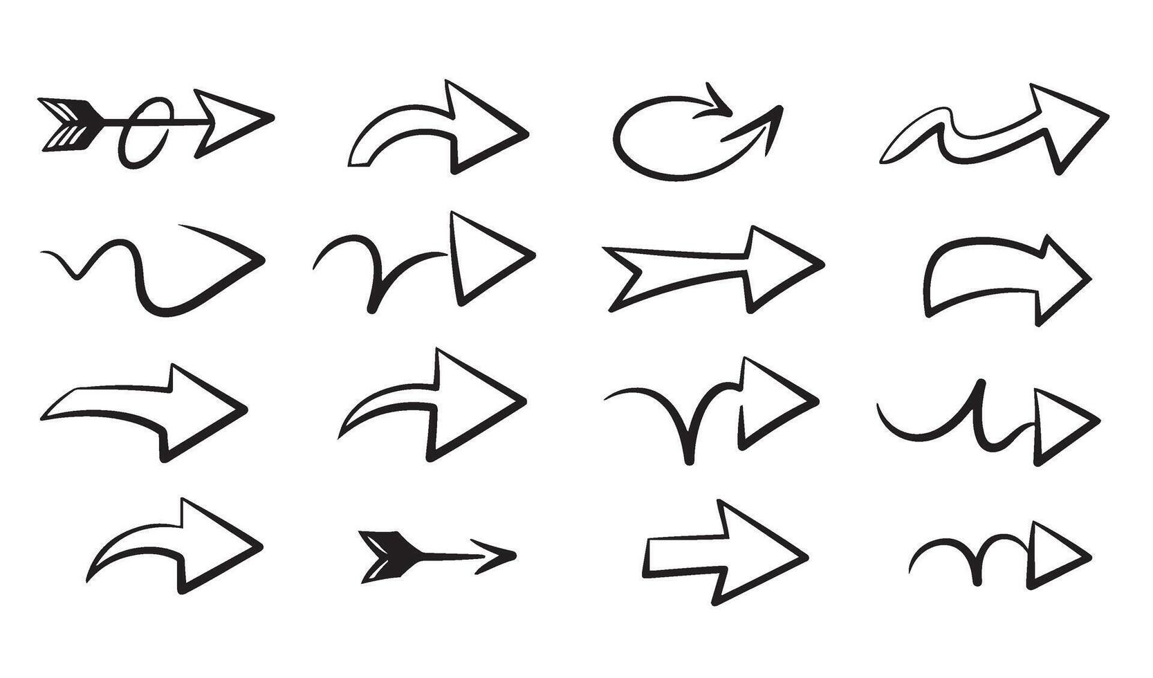 Creative Dynamic Collection of Hand-Drawn Arrow Set Silhouette Showcasing Expressive and Freehand Arrow Illustrations for Sketch and Doodle Art vector