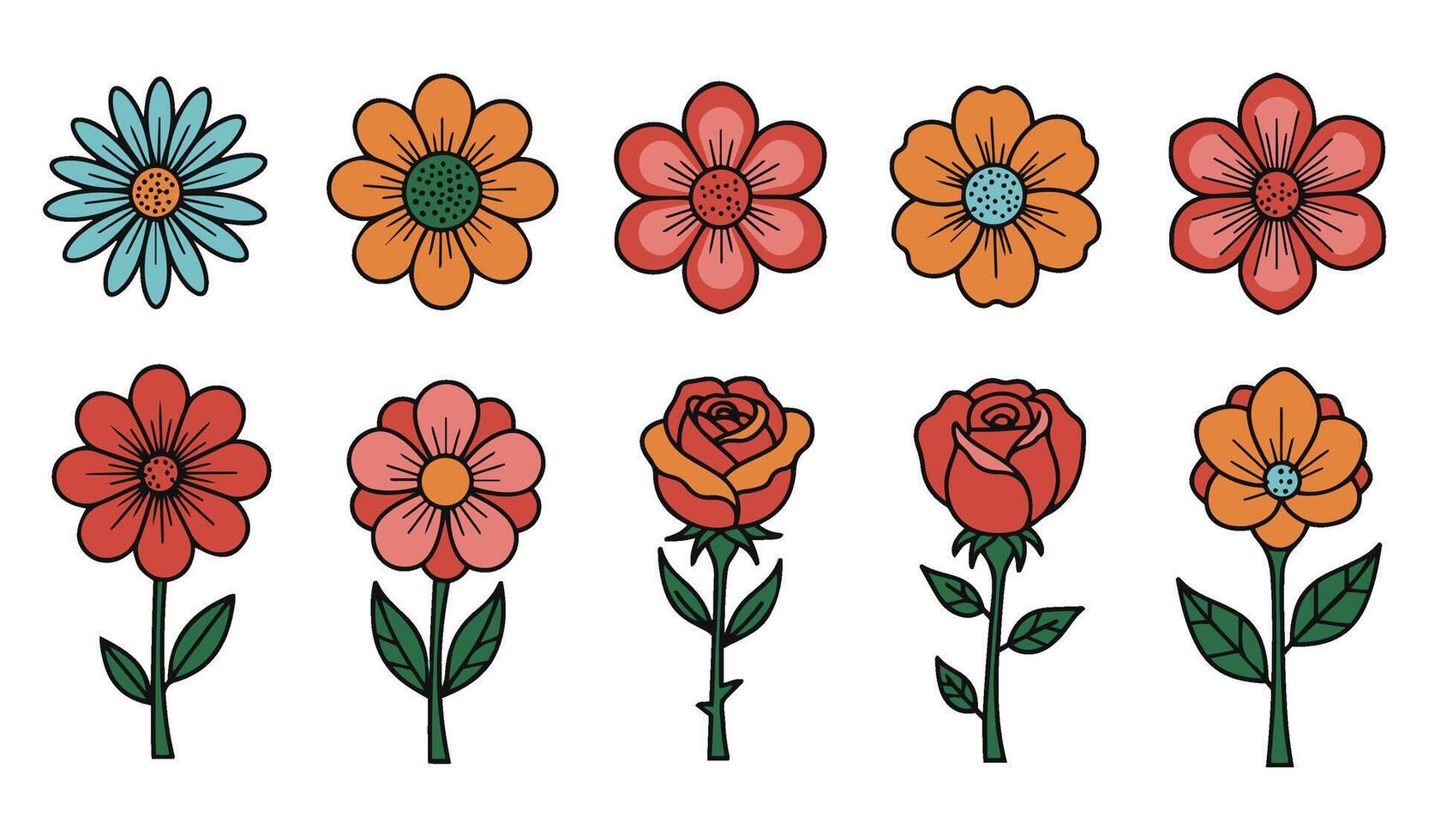 Beautiful Colorful Floral Flower Icon Line Art Illustration Featuring a Variety of Vibrant Blossoms and Roses in a Simple Yet Elegant Design vector
