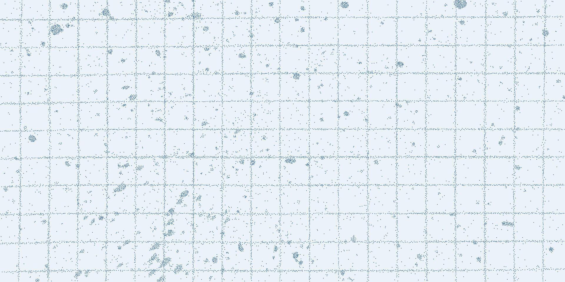 Abstract blue checkered paper sheet covered in blue paint splatters. Gritty halftone dots and ink drips, edgy messy grunge texture. vector