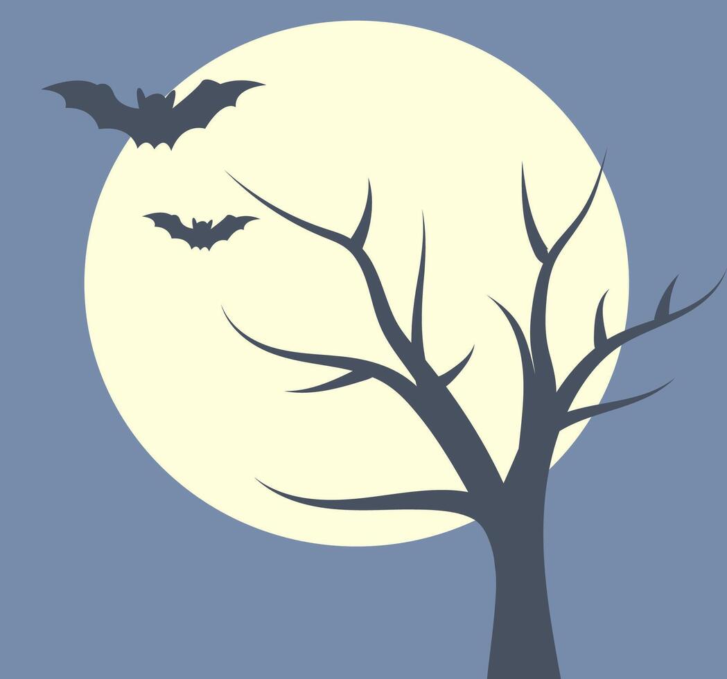 Bats flying over a barren tree under a full moon in a nighttime illustration. Halloween. vector