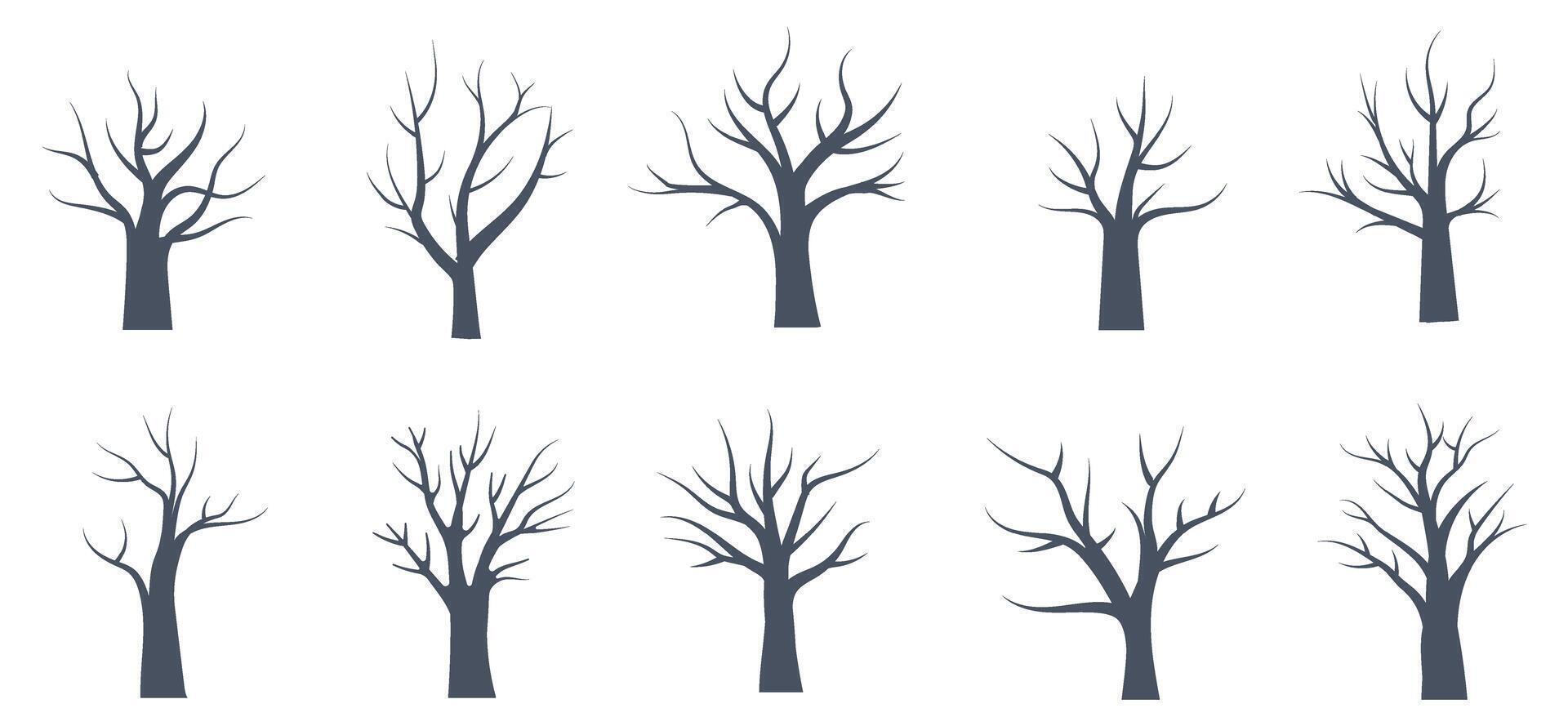 Collection of illustrations depicting various bare trees in winter with unique branch structures and heights vector