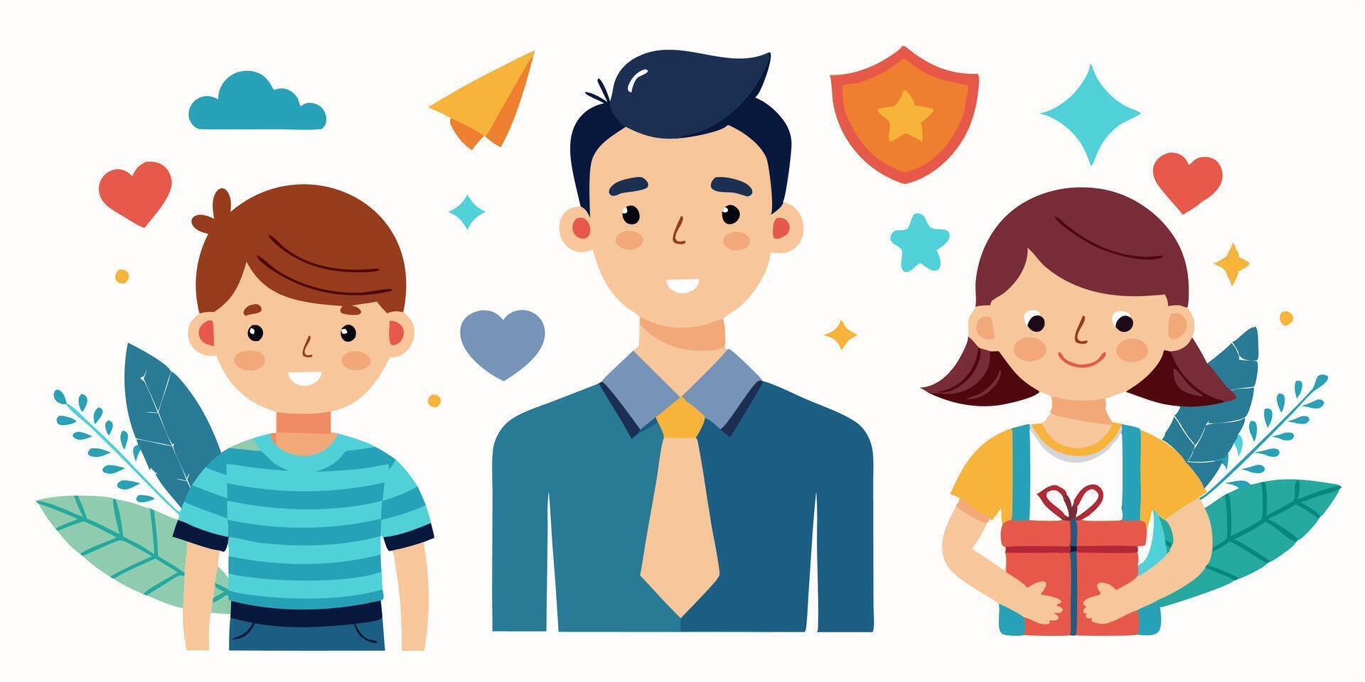 A man and two children are standing together with hearts and other symbols vector