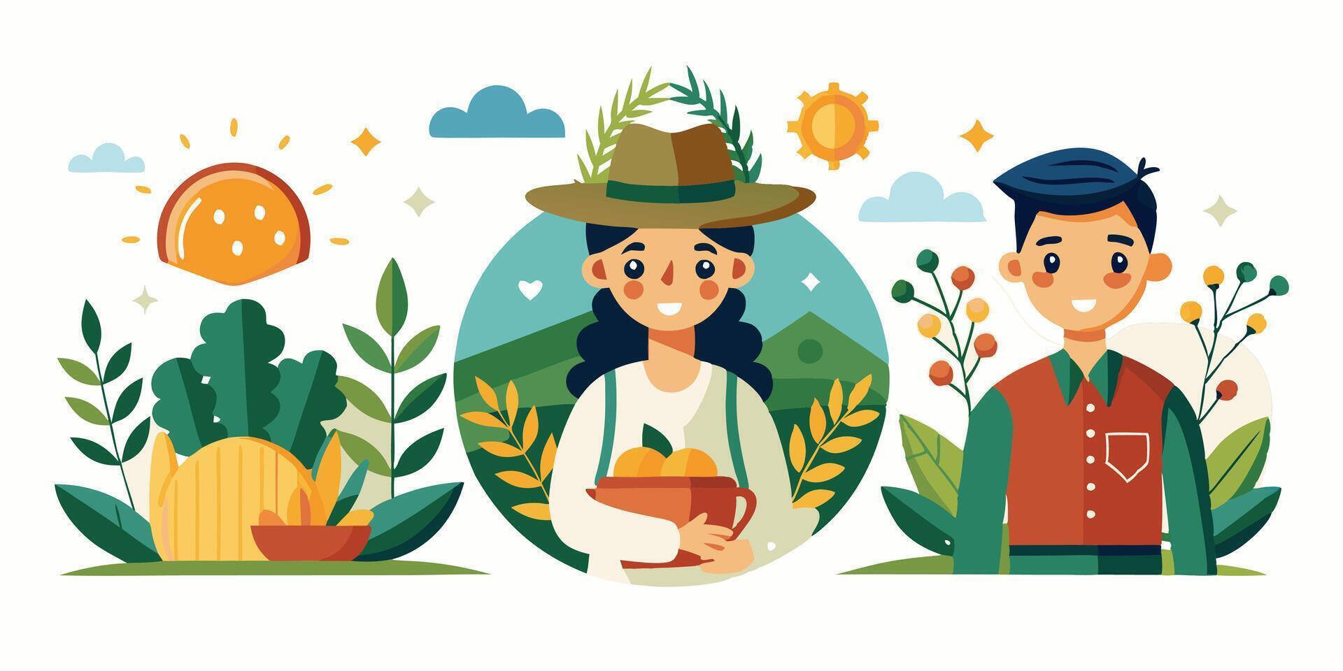 A man and woman are standing in front of a plant vector
