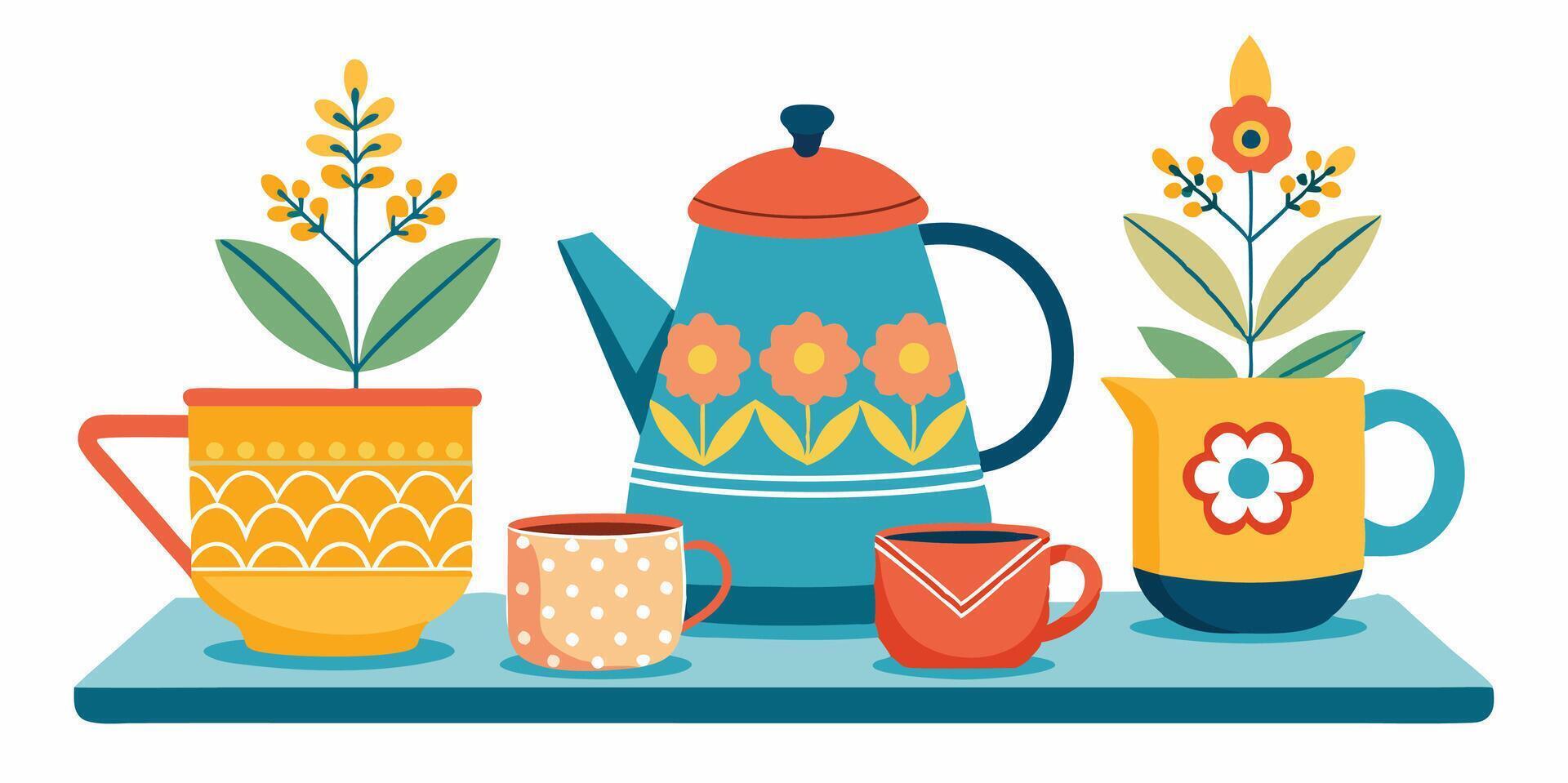 Colorful coffee cups and teapots on a tray vector