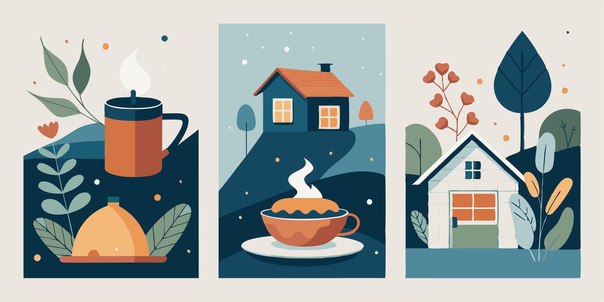 Three banners with houses, trees and a cup of coffee vector
