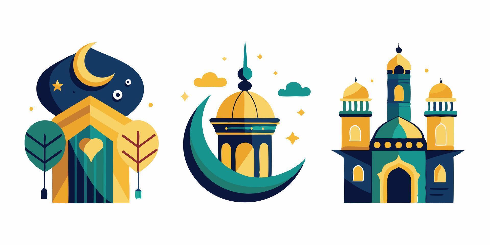 Islamic architecture set of icons vector