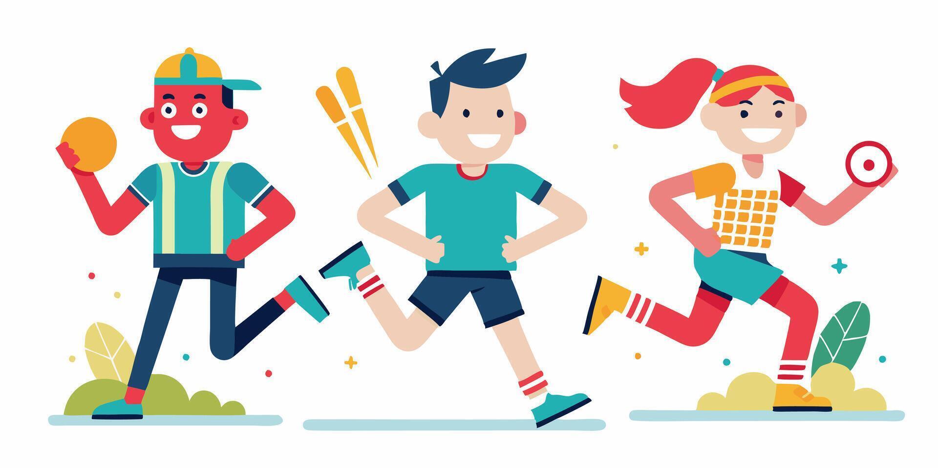 Three people are running together in a cartoon style vector