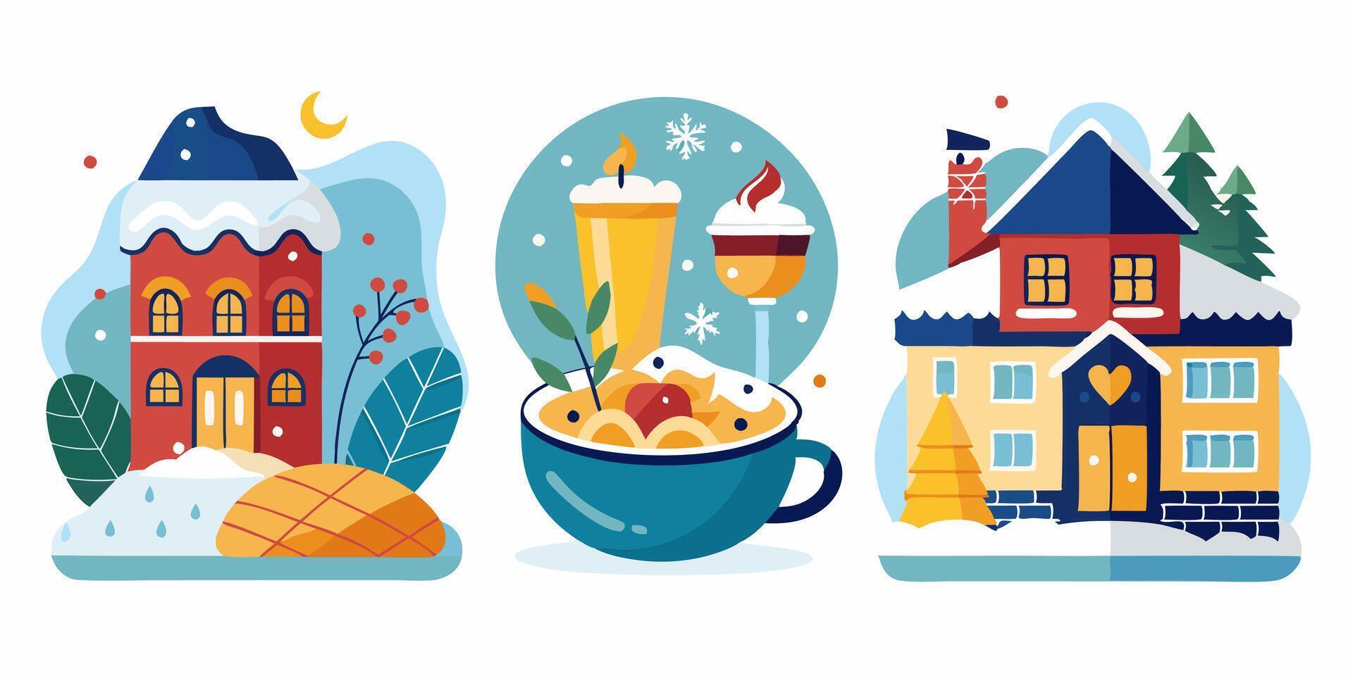 Winter holiday flat illustration set vector