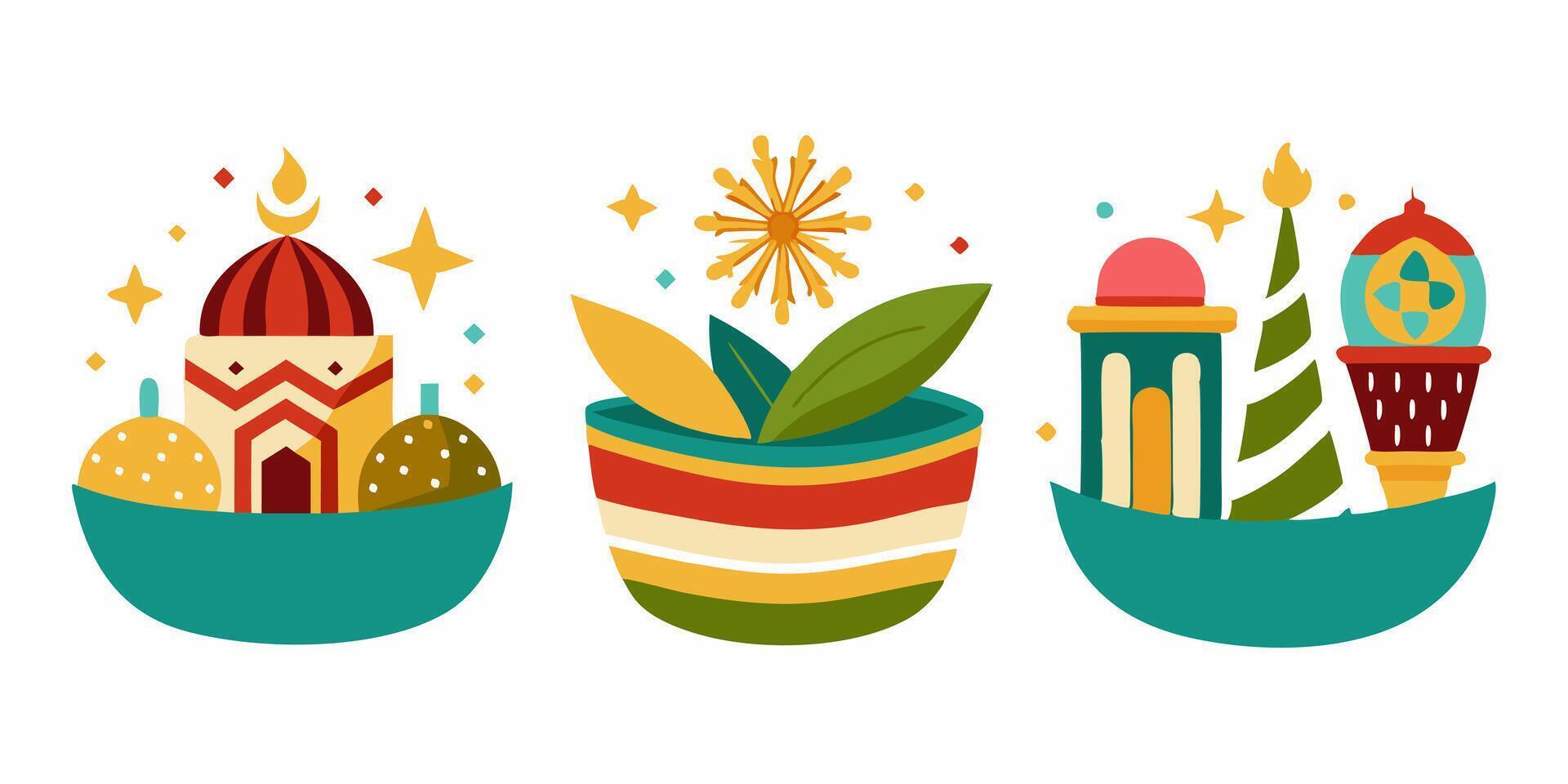 Three different types of buildings with different decorations vector