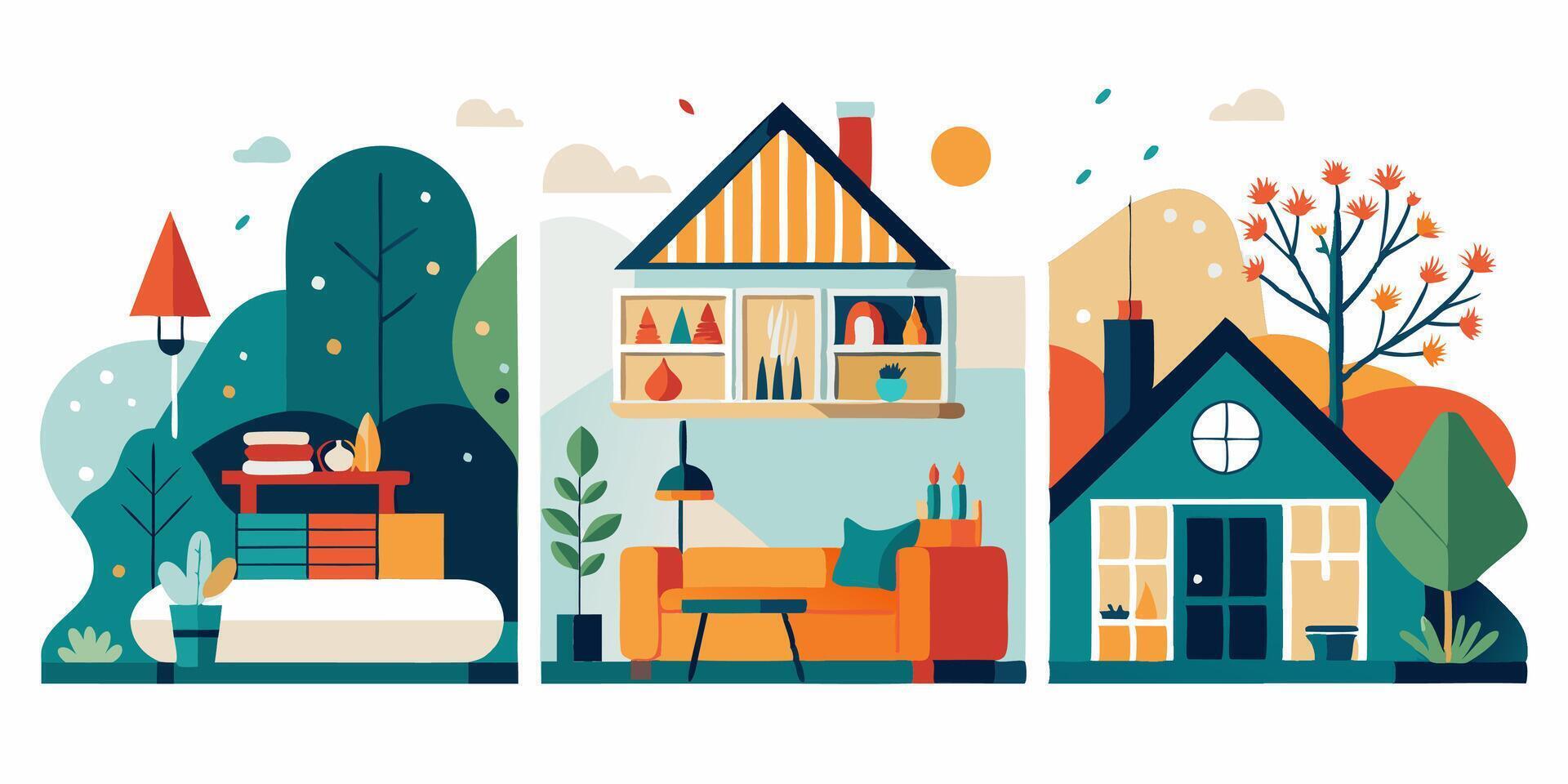 Three different illustrations of houses and trees vector