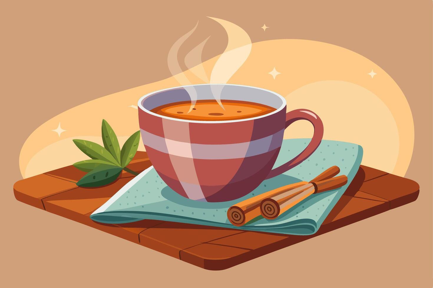 A cup of tea with cinnamon sticks and leaves on a wooden tray vector