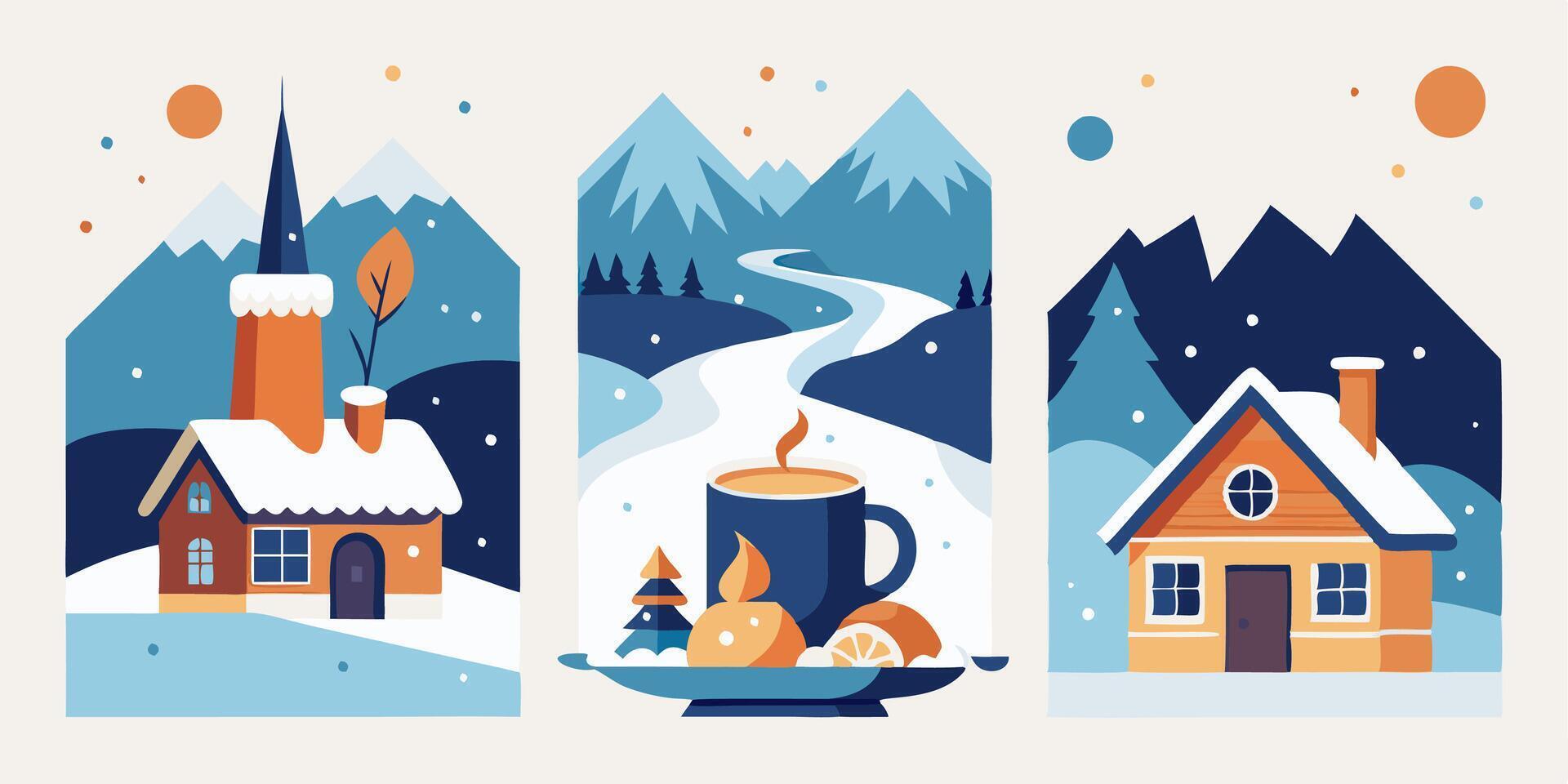 Winter landscape with houses, coffee, and a cup of coffee vector