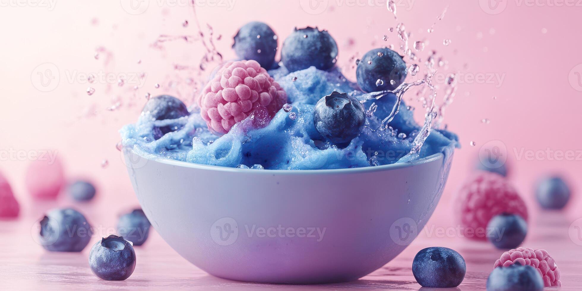 Bright blue dessert topped with fresh raspberries and blueberries splashes in a bowl on a pastel pink background photo