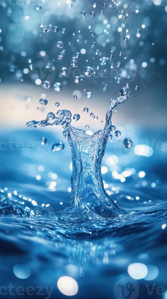 Water droplets splash upward, creating a mesmerizing arc in a blue environment during daylight photo