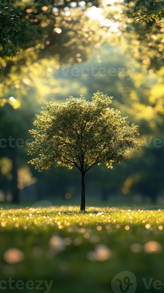 Sunlight filters through foliage illuminating a solitary tree in a peaceful park setting during golden hour photo