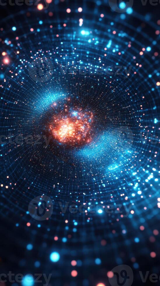 Vibrant cosmic tunnel filled with stars and glowing particles in a deep blue space environment photo