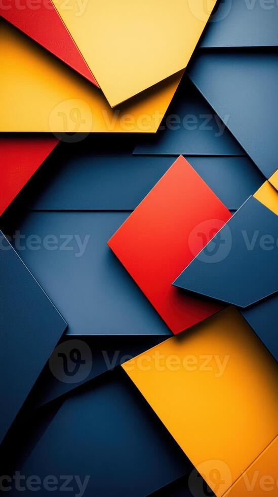 Colorful geometric shapes in layered arrangement creating a dynamic visual composition with bold contrasts photo