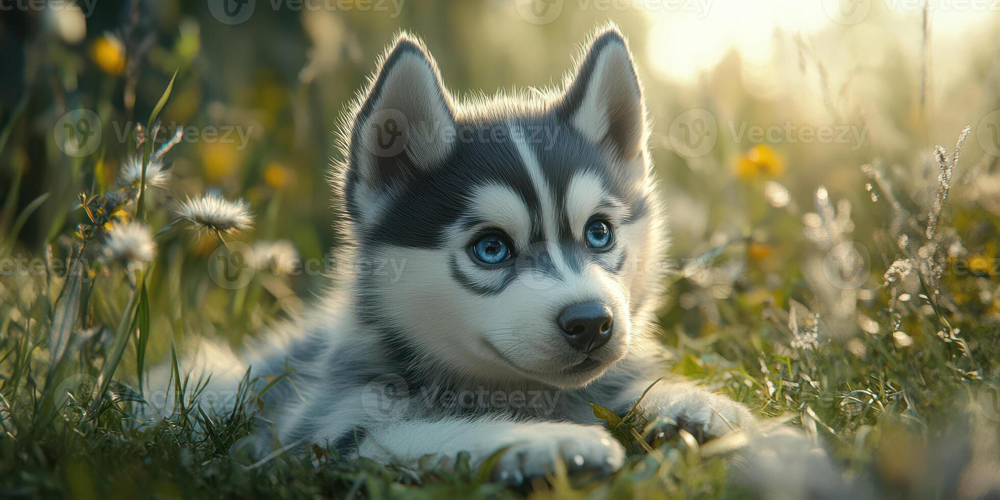 Cute husky puppy lying in a field of flowers during golden hour on a warm evening photo