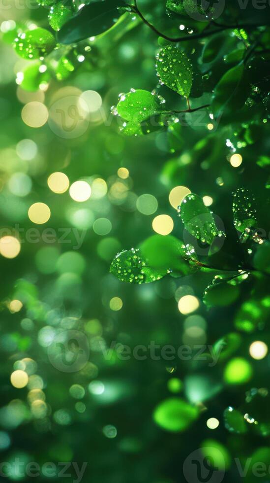 Sunlight filters through lush green leaves, highlighting droplets of water in a serene garden setting photo