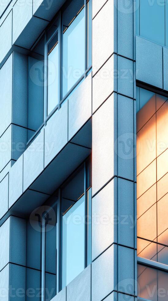 moderno arquitectónico diseño de un edificio con reflexivo vaso y texturizado superficies durante puesta de sol en un urbano ambiente foto