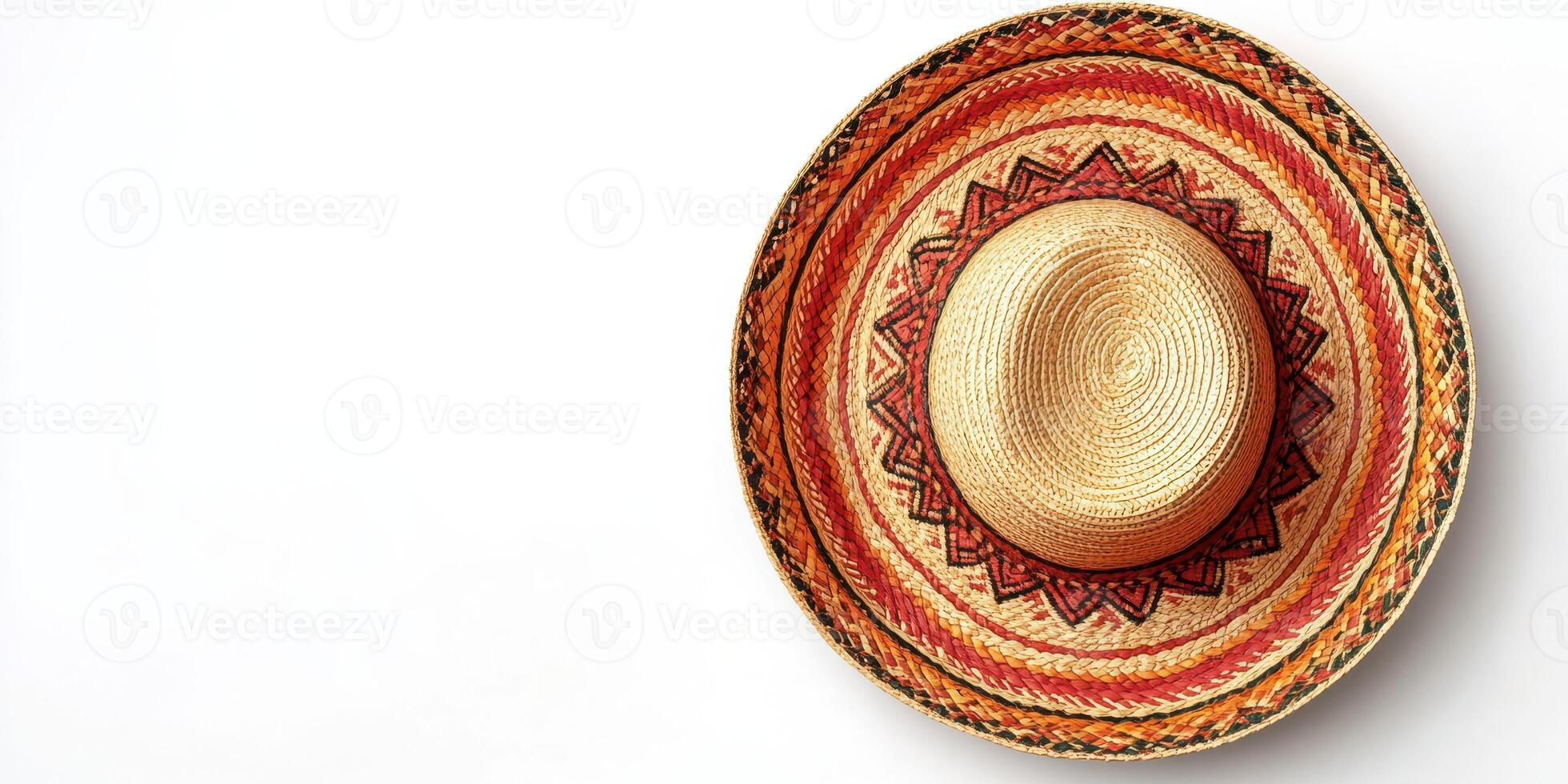 Colorful straw sombrero with woven patterns placed against a white background, highlighting traditional craftsmanship and design photo