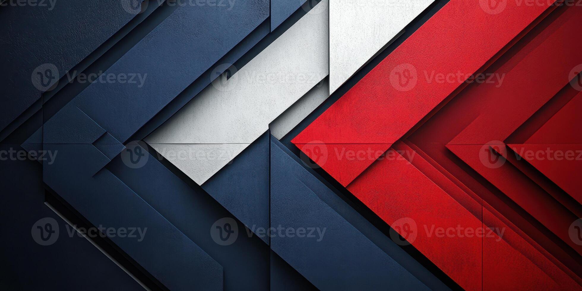 Geometric design with red, white, and blue colors featuring sharp angles and layered patterns photo